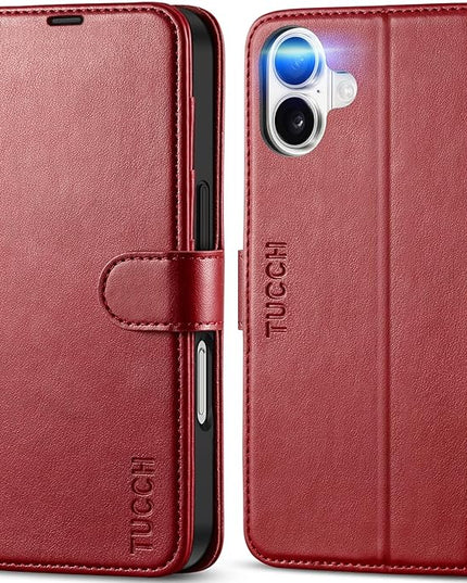 TUCCH Case Wallet for iPhone 16, [RFID Blocking] PU Leather Stand Folio Cover with 4 Card Slots [TPU Protective Interior Shell], Magnetic Flip Case Compatible with iPhone 16 5G 2024, Dark Red