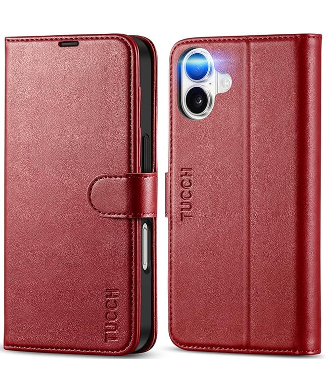 TUCCH Case Wallet for iPhone 16, [RFID Blocking] PU Leather Stand Folio Cover with 4 Card Slots [TPU Protective Interior Shell], Magnetic Flip Case Compatible with iPhone 16 5G 2024, Dark Red
