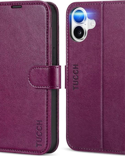 TUCCH Case Wallet for iPhone 16, Kickstand PU Leather Magnetic Protective Flip Cover with [RFID Blocking] [4 Card Slots] [TPU Interior Case] Compatible with iPhone 16 5G 2024, Plum Purple