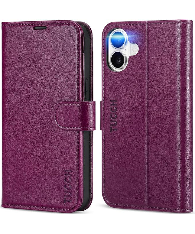 TUCCH Case Wallet for iPhone 16, Kickstand PU Leather Magnetic Protective Flip Cover with [RFID Blocking] [4 Card Slots] [TPU Interior Case] Compatible with iPhone 16 5G 2024, Plum Purple