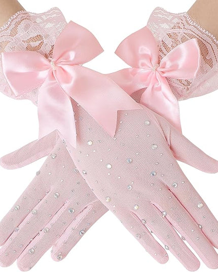 Lace Gloves for Women - Short Bow Rhinestone Tulle Sheer Sparkly Evening Stretchy Gloves for Wedding Opera Party
