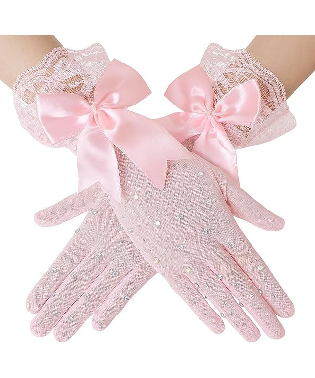 Lace Gloves for Women - Short Bow Rhinestone Tulle Sheer Sparkly Evening Stretchy Gloves for Wedding Opera Party