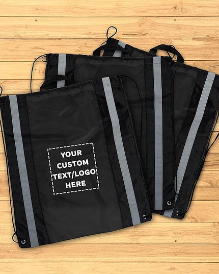 DISCOUNT PROMOS Custom Classic Polyester Drawstring Backpack Set of 10/50/100, Personalized Bulk Pack - Great for Travelling, Gym and for Everyday Use - Black