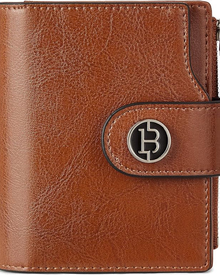 BOSTANTEN Women Leather Wallet Small RFID Blocking Bifold Zipper Pocket Wallet Card Case with ID Window Brown