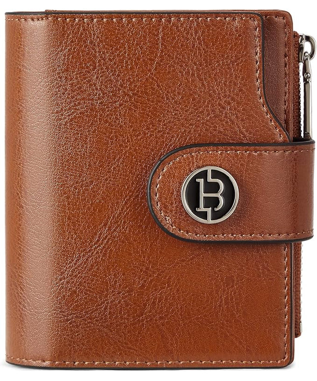 BOSTANTEN Women Leather Wallet Small RFID Blocking Bifold Zipper Pocket Wallet Card Case with ID Window Brown