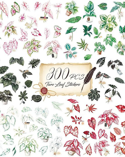 300 PCS PVC Taro Leaf Stickers, Self-Adhesive PVC Greenery Stickers Nature Plant Decals for Scrapbook, Laptop, Journal, DIY Project, Spring Themed Party Decors