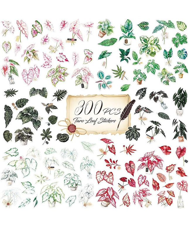 300 PCS PVC Taro Leaf Stickers, Self-Adhesive PVC Greenery Stickers Nature Plant Decals for Scrapbook, Laptop, Journal, DIY Project, Spring Themed Party Decors