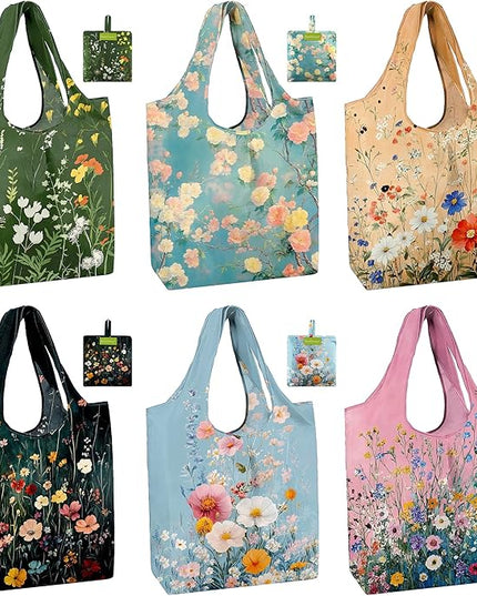 BeeGreen Flower Reusable Shopping Bags Cute Grocery Bag 6 Pack, Christmas Gift Bags Heavy-Duty Foldable Shopping Totes for Supermarket, Work & Travel, Large Washable Polyester Tote Bag with Handles