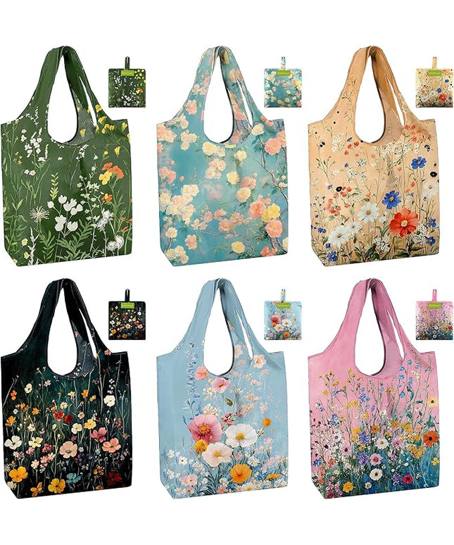 BeeGreen Flower Reusable Shopping Bags Cute Grocery Bag 6 Pack, Christmas Gift Bags Heavy-Duty Foldable Shopping Totes for Supermarket, Work & Travel, Large Washable Polyester Tote Bag with Handles