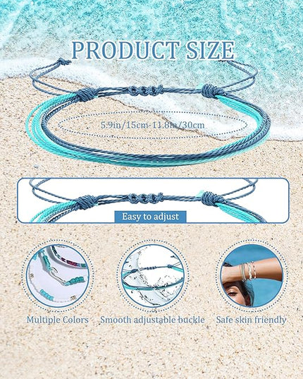 LOLIAS 24 Pieces Waterproof String Bracelets for Women Surfer Wave Boho Bracelet Adjustable Handmade Friendship Bracelet String Ocean Beach Boho Bracelets Anklets for Women