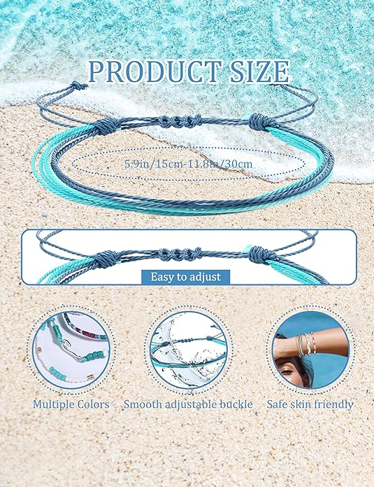 LOLIAS 24 Pieces Waterproof String Bracelets for Women Surfer Wave Boho Bracelet Adjustable Handmade Friendship Bracelet String Ocean Beach Boho Bracelets Anklets for Women