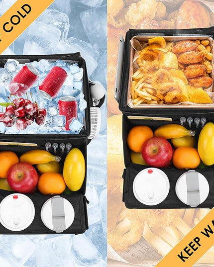 Car Seat Organizer, Backseat Car Organizer with Cup Holder Tray and Storages for Kids and Adults, Portable Travel Cooler for Car for Front or Back Seat Passenger Organizer Ccompartment (Black)