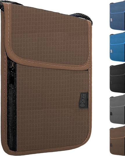 Travel Neck Wallet with RFID Blocking – Passport Holder Organizer Neck Pouch – Portable Easy to Conceal Travel Pouch (Brown)