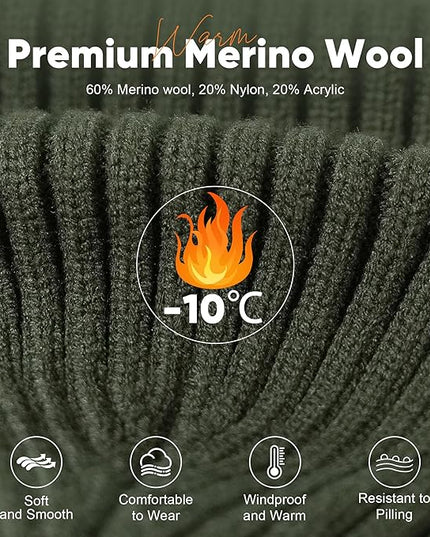 Merino Wool Beanie Hat for Men Women - Thermal Knitted Winter Hat for Large Heads Hiking Running Cap Wrap for Cold Weather