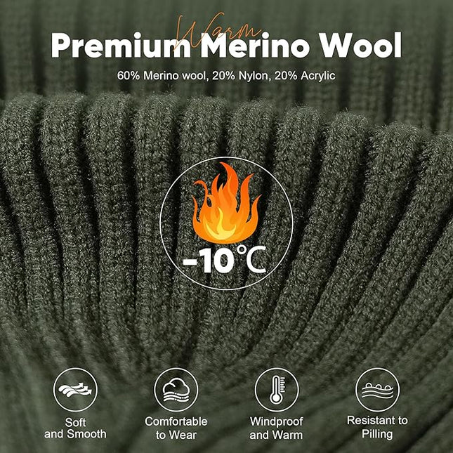 Merino Wool Beanie Hat for Men Women - Thermal Knitted Winter Hat for Large Heads Hiking Running Cap Wrap for Cold Weather
