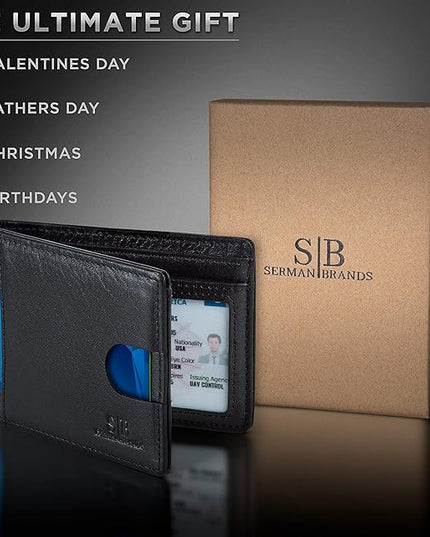 SERMAN BRANDS RFID Blocking Slim Bifold Genuine Leather Thin Minimalist Front Pocket Wallets for Men Billfold Wallet Men Gift