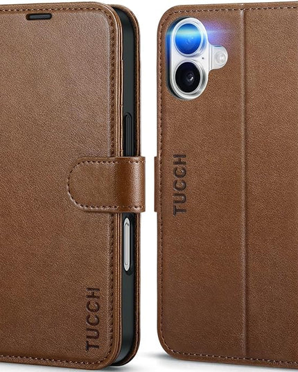 TUCCH Wallet Case Compatible with iPhone 16 5G (6.1", 2024 Release) – Brown, PU Leather [Shockproof TPU Interior Case] [Kickstand] Magnetic Protective Flip Cover with [RFID Blocking] [4 Card Holder]
