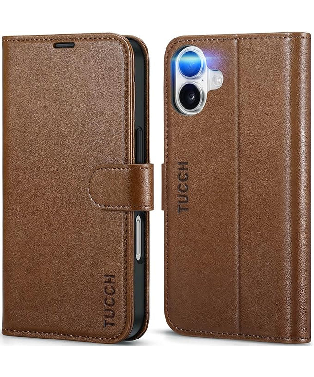TUCCH Wallet Case Compatible with iPhone 16 5G (6.1", 2024 Release) – Brown, PU Leather [Shockproof TPU Interior Case] [Kickstand] Magnetic Protective Flip Cover with [RFID Blocking] [4 Card Holder]