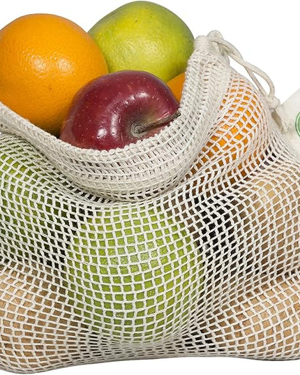 Reusable Cotton Mesh Produce Bags - 100% Organic Cotton, 8"x10", Drawstring Closure Mesh Bags to Store Cilantro, Lime and Small Vegetables and Produce (3 Small - 8"x10")