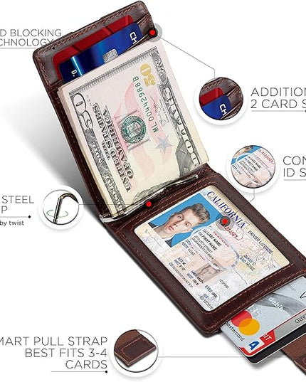 SERMAN BRANDS RFID Blocking Slim Bifold Genuine Leather Minimalist Front Pocket Wallets for Men with Money Clip Thin Mens