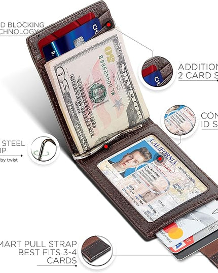 SERMAN BRANDS RFID Blocking Slim Bifold Genuine Leather Minimalist Front Pocket Wallets for Men with Money Clip Thin Mens