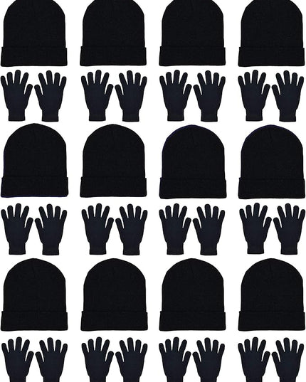 24x Winter Beanies & Gloves Combo Pack, Bulk Pack for Men Women, Warm Cozy Gift
