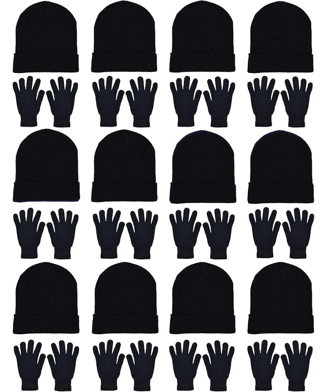 24x Winter Beanies & Gloves Combo Pack, Bulk Pack for Men Women, Warm Cozy Gift