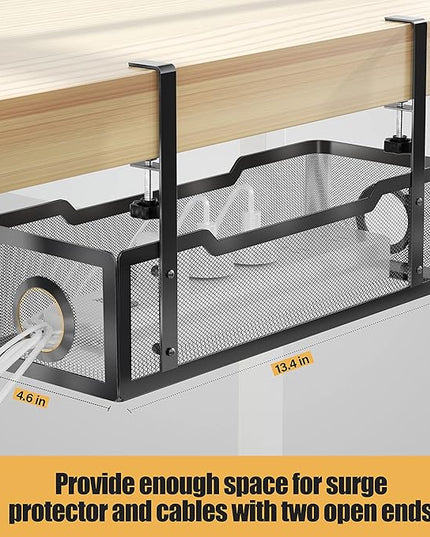 Under Desk Cable Management Tray Black, Cinati Wire Organizers No Drill, Cable Tray with Clamp for Wire Management, Cord Organization Box for Office, Home - No Damage to Desk