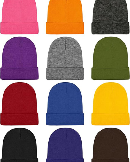 Cooraby 12 Pack Knitted Winter Beanie Cold Weather Acrylic Warm Skull Cap Cuff Watch Hat for Men or Women Homeless Donation