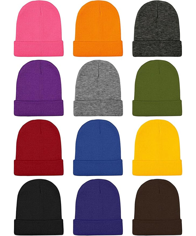 Cooraby 12 Pack Knitted Winter Beanie Cold Weather Acrylic Warm Skull Cap Cuff Watch Hat for Men or Women Homeless Donation