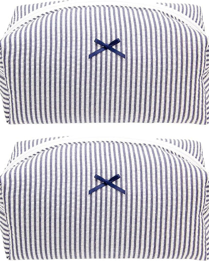 PAZIMIIK 2PCS Cozy Makeup Bag Small Aesthetic Travel Zipper Cosmetic Pouch for Women Make Up Beauty Accessories Brushes, Stripe Navy Blue