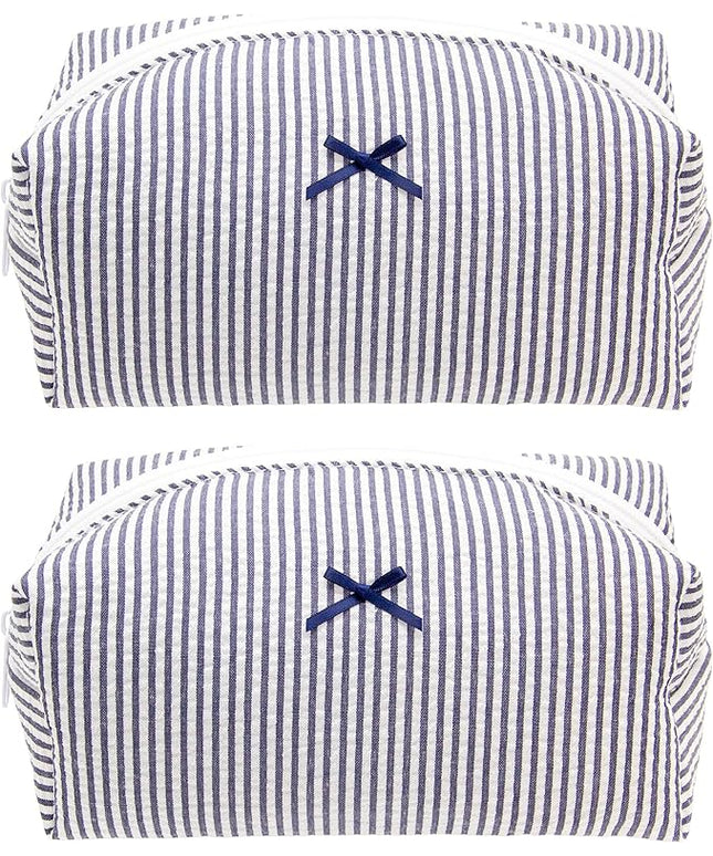 PAZIMIIK 2PCS Cozy Makeup Bag Small Aesthetic Travel Zipper Cosmetic Pouch for Women Make Up Beauty Accessories Brushes, Stripe Navy Blue