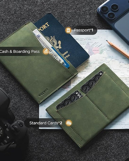 VULKIT Passport Cover Ultra Slim Design Leather Passport Sleeve RFID Blocking with 2 Card Slots, Anti-Theft Travel Essentials