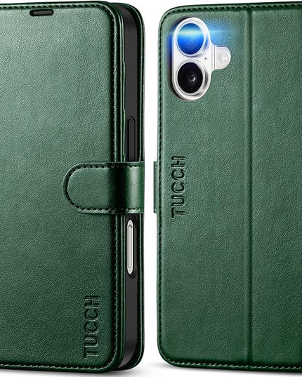 TUCCH Case Wallet for iPhone 16, Protective [TPU Shockproof Inner Shell], Kickstand PU Leather RFID Blocking [4 Card Holder] Magnetic Closure Cover Compatible with iPhone 16 5G, Green