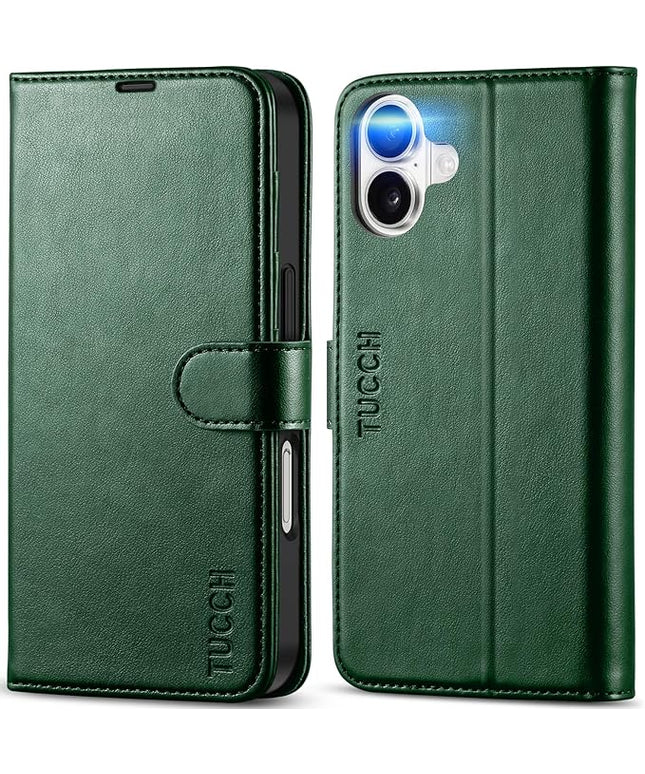 TUCCH Case Wallet for iPhone 16, Protective [TPU Shockproof Inner Shell], Kickstand PU Leather RFID Blocking [4 Card Holder] Magnetic Closure Cover Compatible with iPhone 16 5G, Green