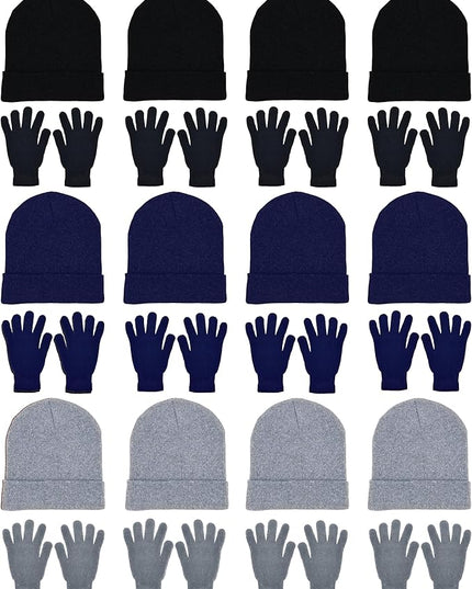 24x Winter Beanies & Gloves Combo Pack, Bulk Pack for Men Women, Warm Cozy Gift
