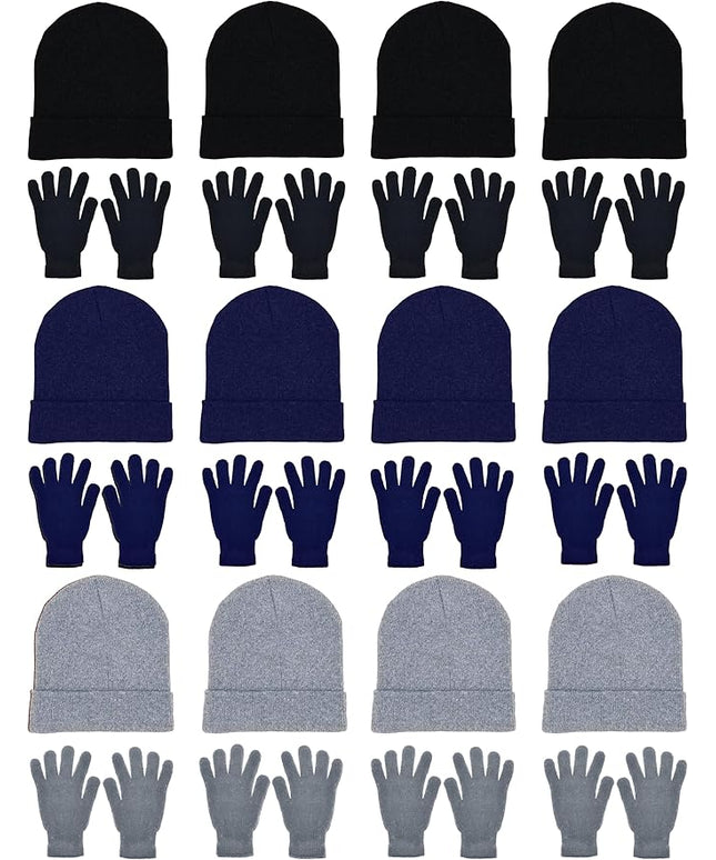 24x Winter Beanies & Gloves Combo Pack, Bulk Pack for Men Women, Warm Cozy Gift