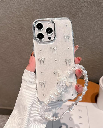 for iPhone 11 Pro Max Case, [Premium 3D Silver Bow Pattern] [Transparent Creative Case] [2-in-1 Beaded Wrist Strap] Soft TPU Shockproof for Women and Girl
