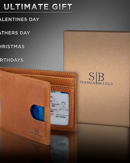 SERMAN BRANDS RFID Blocking Slim Bifold Genuine Leather Thin Minimalist Front Pocket Wallets for Men Billfold Wallet Men Gift