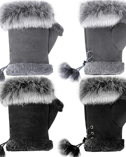 SATINIOR Women Fur Fingerless Gloves Winter Rabbit Fur Lined Half Finger Mittens for Women Girls Teen Working Writing