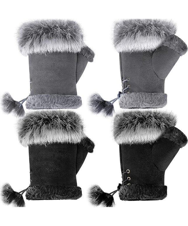 SATINIOR Women Fur Fingerless Gloves Winter Rabbit Fur Lined Half Finger Mittens for Women Girls Teen Working Writing