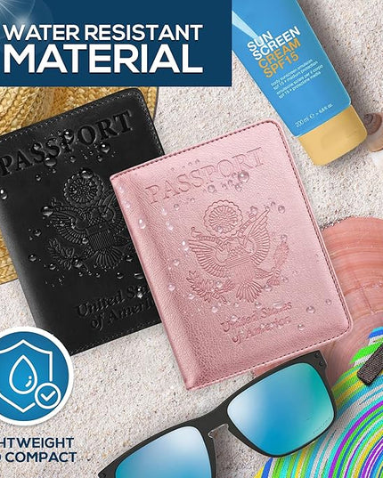 Ciana Passport Holder for Travel – PU Leather Passport Cover and Card Holder for Men & Women – Slim Passport Holder with Card Protector Slot, Travel Must Haves (Black & Pink)