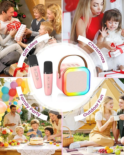 Karaoke Machine for Kids Adults, Portable Bluetooth Mini Karaoke Microphone Singing Speaker with 2 Mic and Light,Toys for All Smartphones,Birthday, Family,Home Party (Pink)