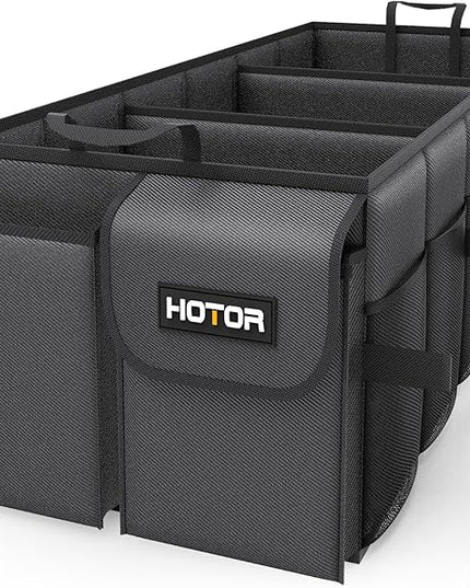 HOTOR Foldable Trunk Organizer - SUV & Sedan Compatible, 3 Compartment, Black, 31.9"×12.6"×10.6" Sturdy Car Organization for Accessories, Tools, Sundries