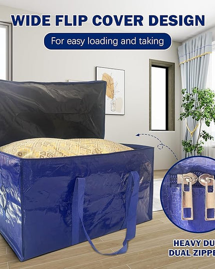 12 Pack Extra Heavy Duty Large Moving Bags with Strong Zipper & Carrying Handles, Sturdy Clothes Storage Bags Totes Bins, Packing Bag Move Boxes College Moving Supplies, Dark Blue - 24 gal