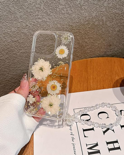 for iPhone 14 Case, [Real Daisy White Flower & Gold Foil][with Luxury Bracelet Wrist Strap] Floral Design, Clear Soft TPU for Women and Girls