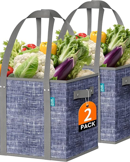 Fab totes Reusable Grocery Bags, Large Foldable Shopping Tote Bags with Reinforced Handles & Hard Bottom,Water Resistant Grocery Bags for kitchen,Picnic,2 Pack,Blue