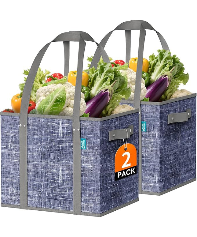 Fab totes Reusable Grocery Bags, Large Foldable Shopping Tote Bags with Reinforced Handles & Hard Bottom,Water Resistant Grocery Bags for kitchen,Picnic,2 Pack,Blue