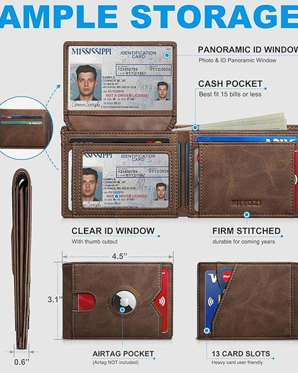 miyozi Airtag Wallet for Men,with Cash Pocket 2 ID Window 13 Cards,Slim Leather Wallet Front Pocket Card Holder RFID Blocking with Gift Box