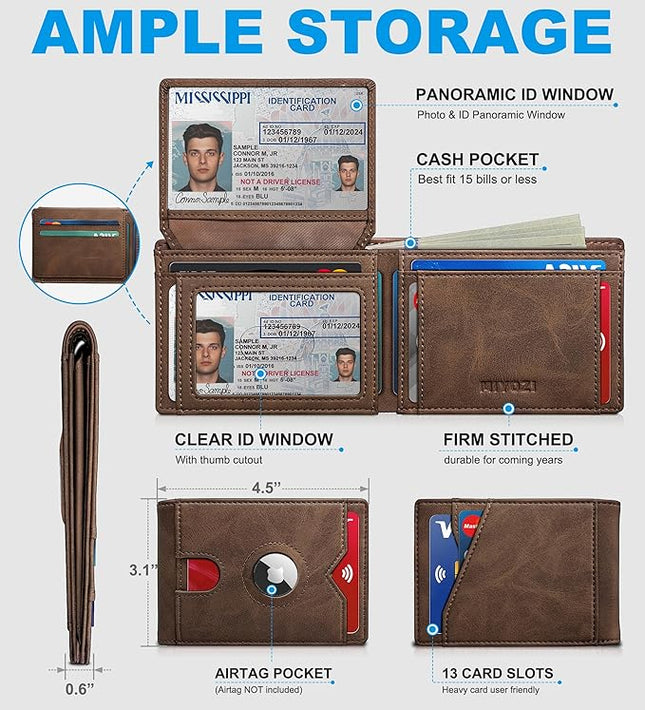 miyozi Airtag Wallet for Men,with Cash Pocket 2 ID Window 13 Cards,Slim Leather Wallet Front Pocket Card Holder RFID Blocking with Gift Box